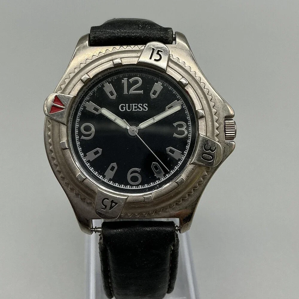 Vintage Guess Mens Watch 38mm Black Dial Silver Tone Leather Band New Battery